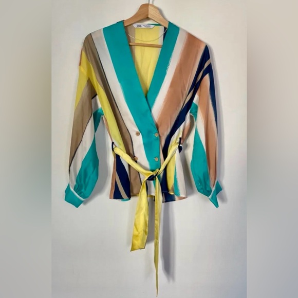 Zara Tops - Zara NWOT Multicolor Striped Wrap Flowy Blouse W/Belt. Long Sleeves. Size Small.